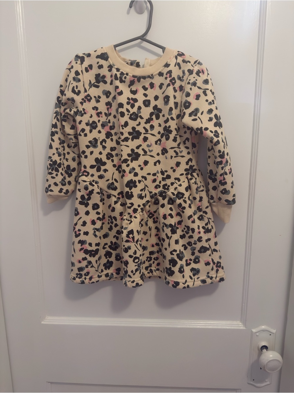 Girls' Cream Leopard Print Long-Sleeve Sweatshirt Dress